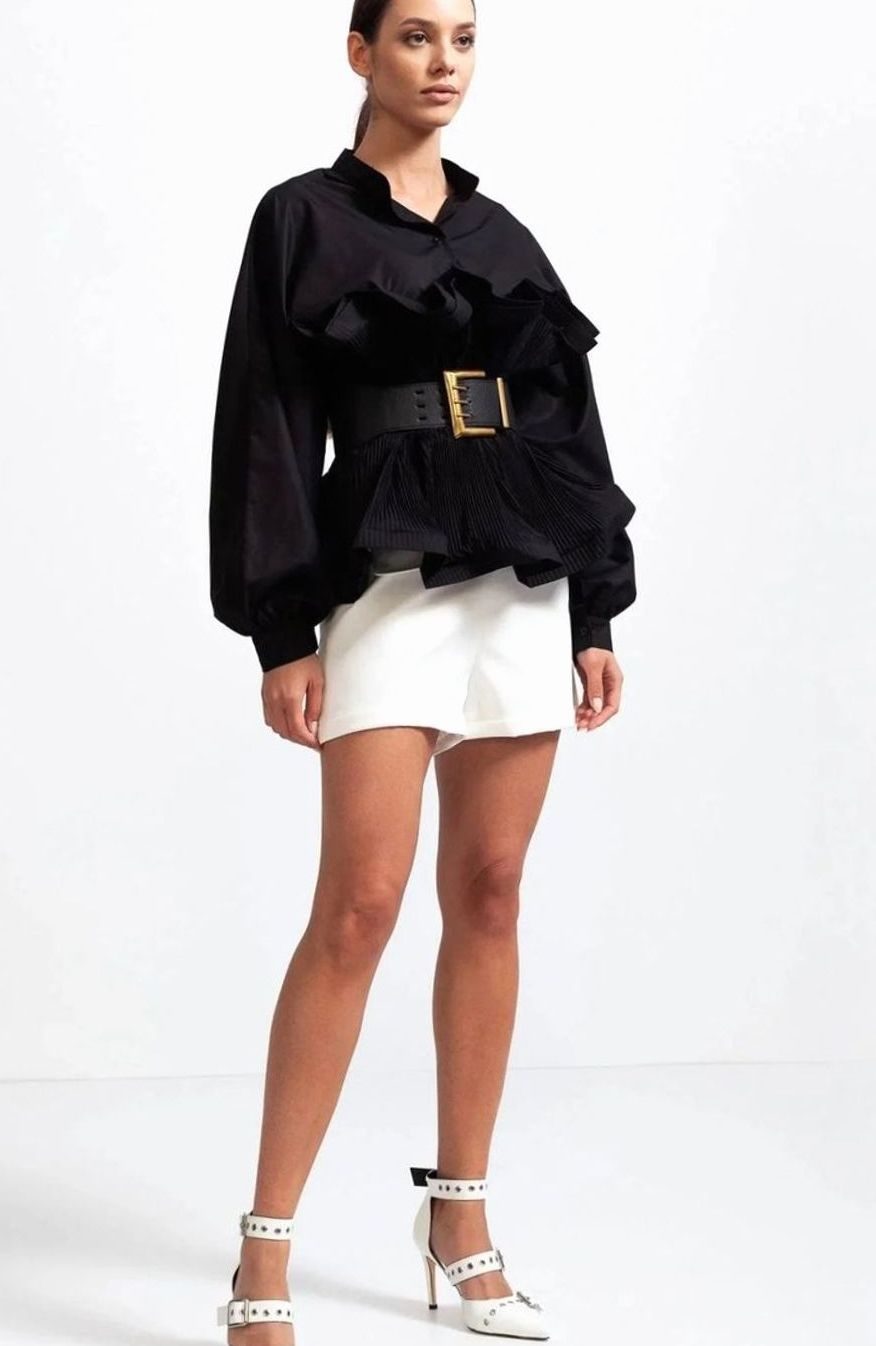 Women's Voluminous Puff Sleeve Ruffle Front Belted Blouse