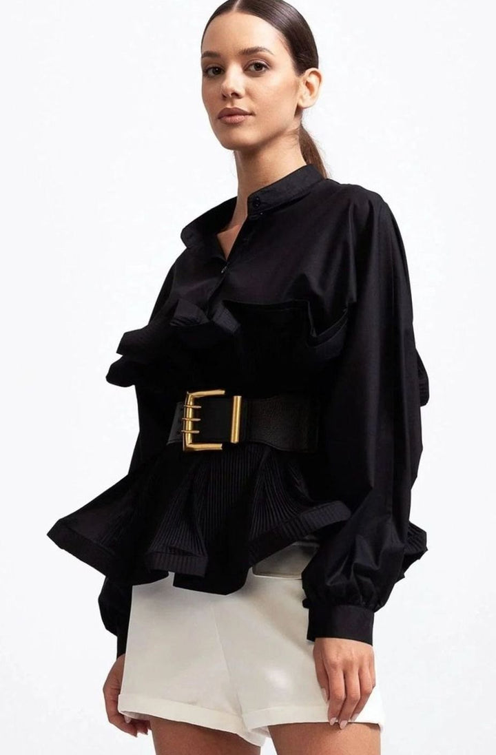 Women's Voluminous Puff Sleeve Ruffle Front Belted Blouse