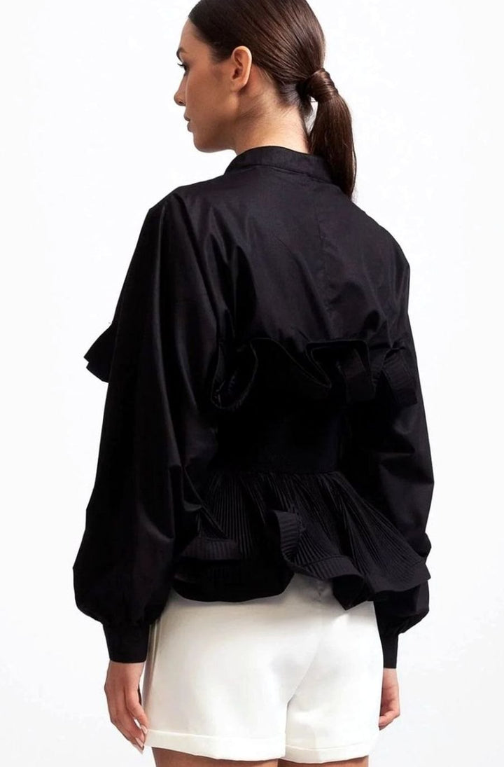 Women's Voluminous Puff Sleeve Ruffle Front Belted Blouse