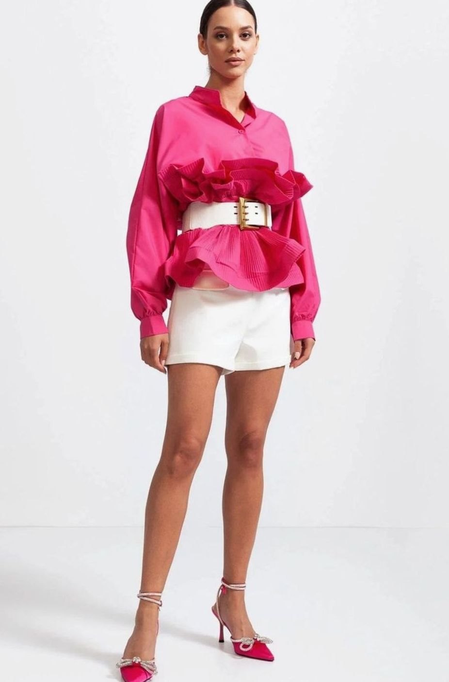Women's Voluminous Puff Sleeve Ruffle Front Belted Blouse
