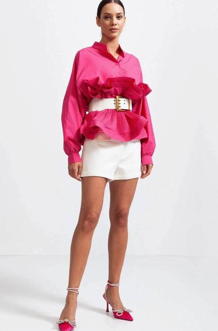 Women's Voluminous Puff Sleeve Ruffle Front Belted Blouse