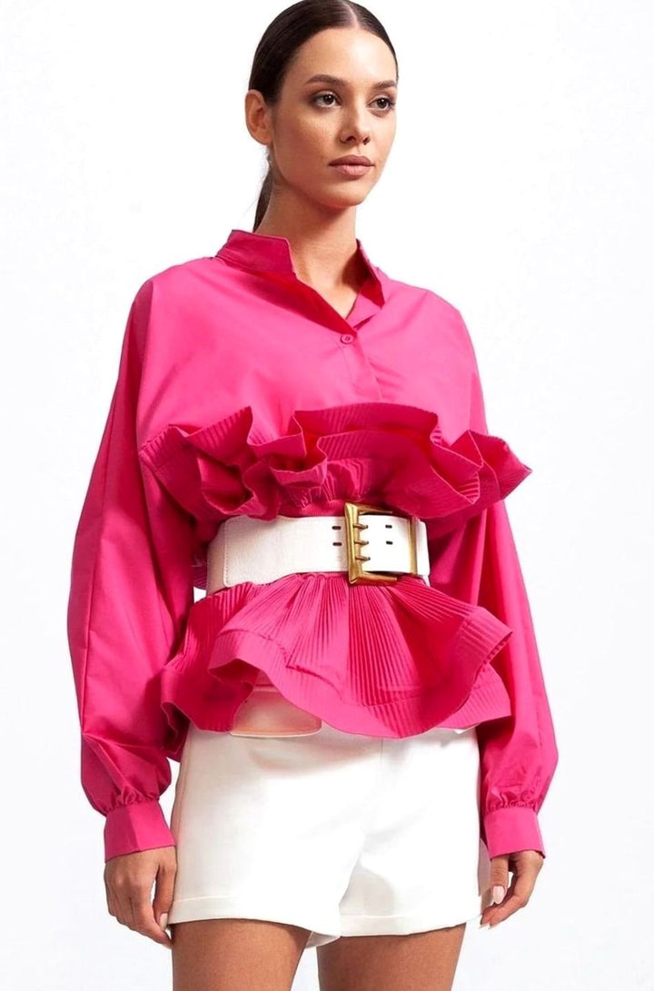 Women's Voluminous Puff Sleeve Ruffle Front Belted Blouse