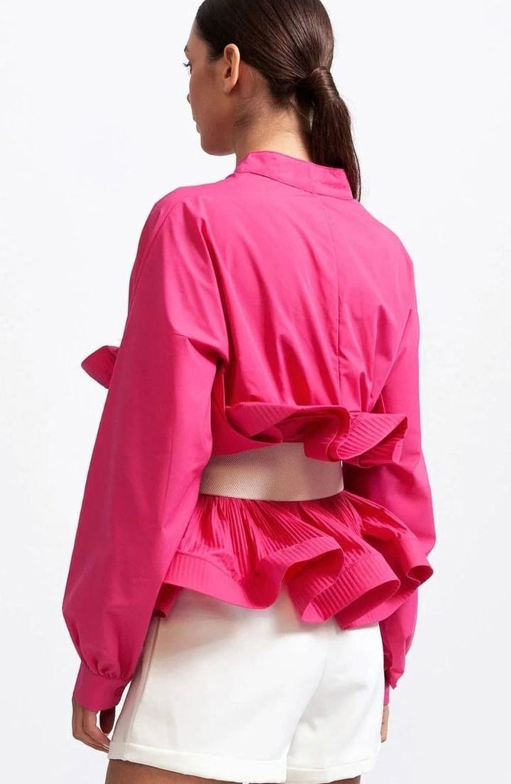 Women's Voluminous Puff Sleeve Ruffle Front Belted Blouse
