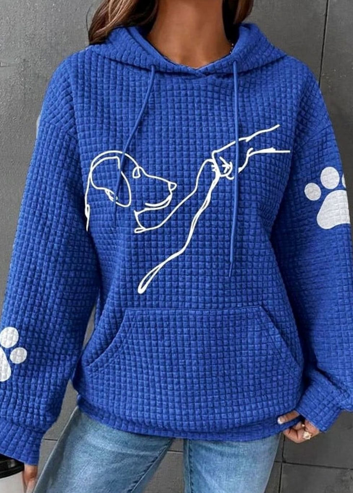 Women's Waffle-Knit Dog Print Drawstring Hoodie - Blue