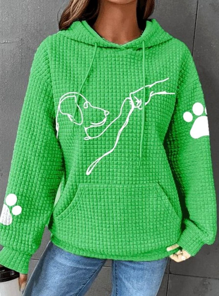 Women's Waffle-Knit Dog Print Drawstring Hoodie - Green