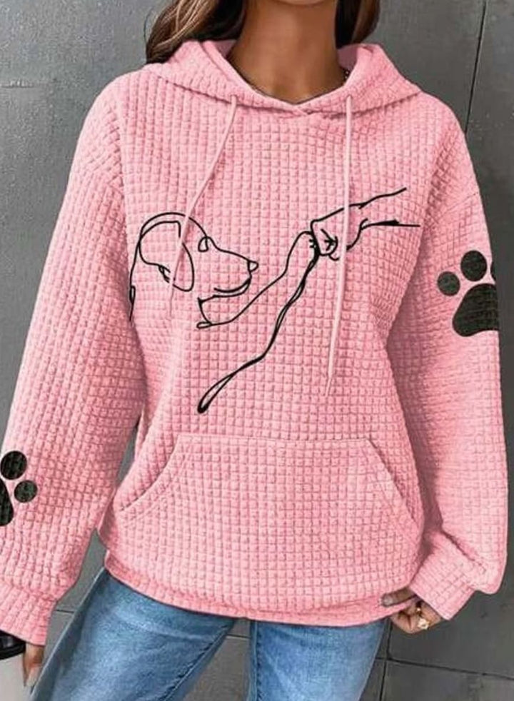 Women's Waffle-Knit Dog Print Drawstring Hoodie - Pink