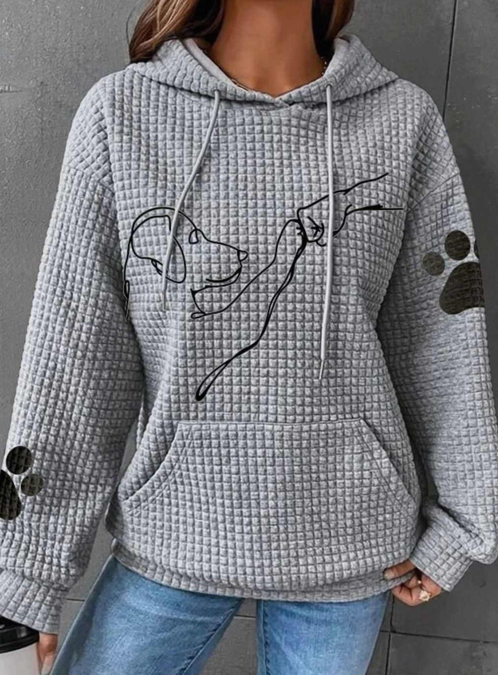 Women's Waffle-Knit Dog Print Drawstring Hoodie - Grey