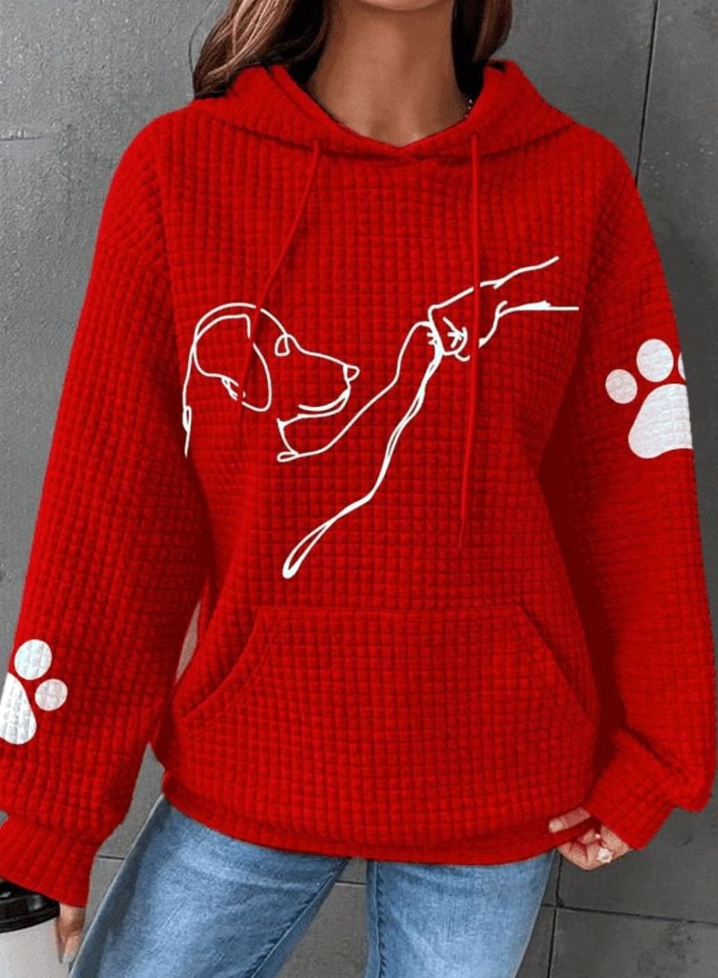 Women's Waffle-Knit Dog Print Drawstring Hoodie - Red