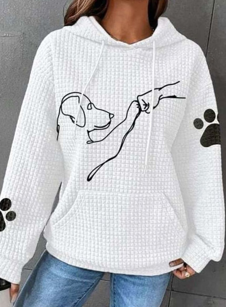 Women's Waffle-Knit Dog Print Drawstring Hoodie - White