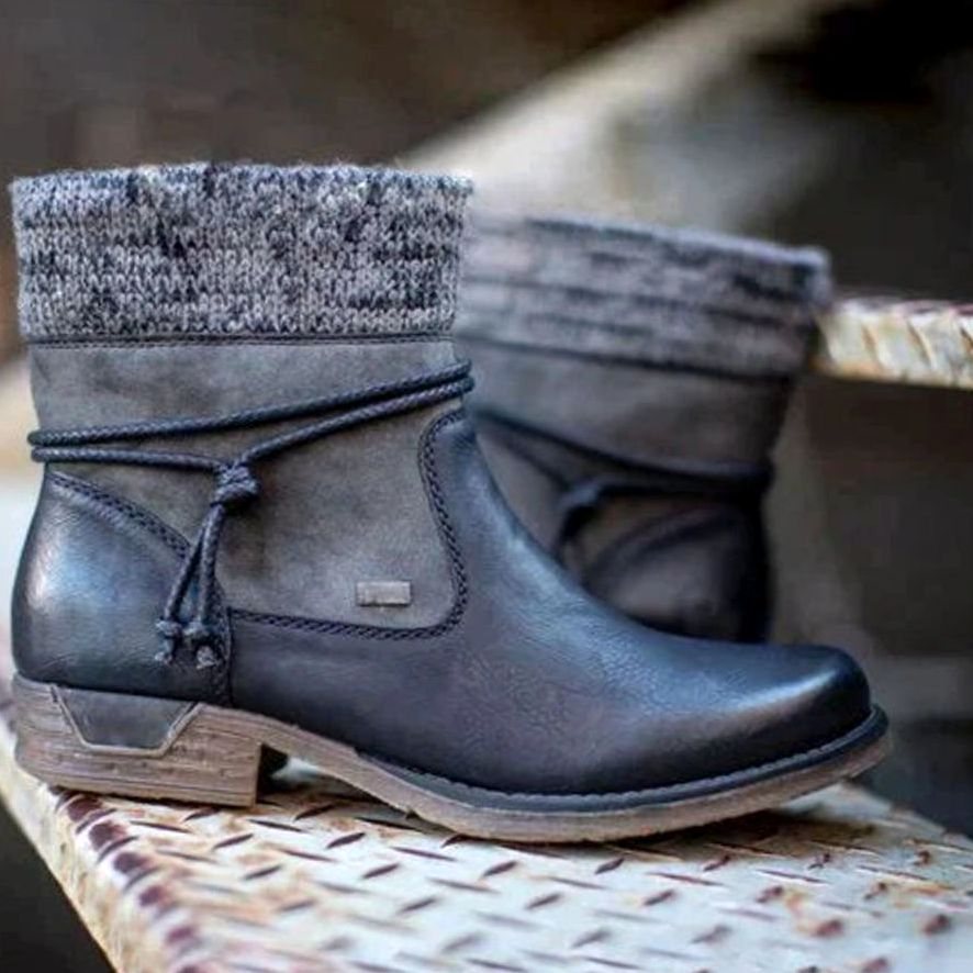 Women's Warm Knit-Cuff Faux Leather Ankle Boots