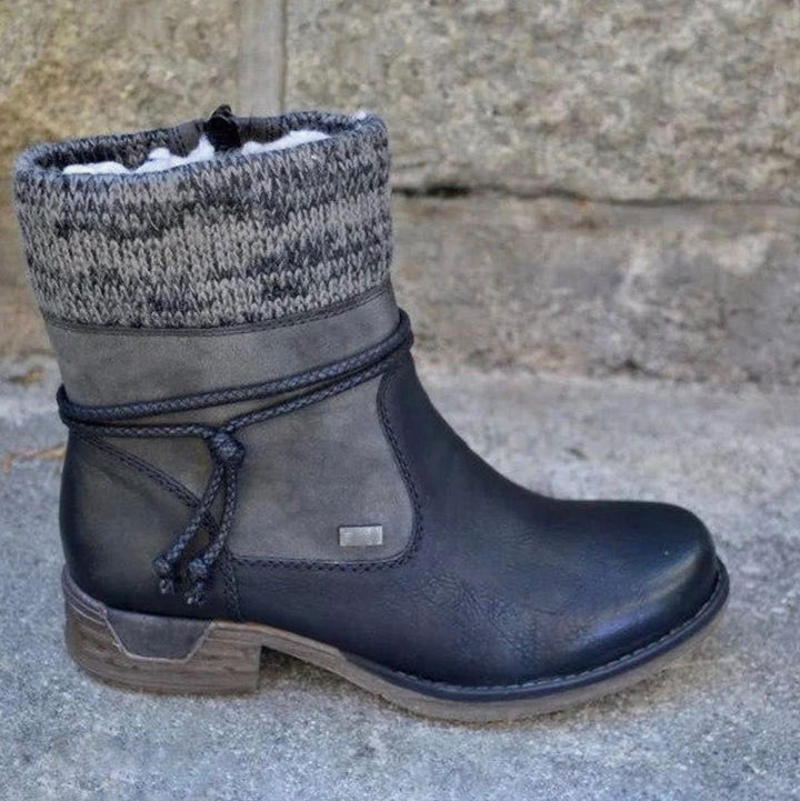 Women's Warm Knit-Cuff Faux Leather Ankle Boots - Black