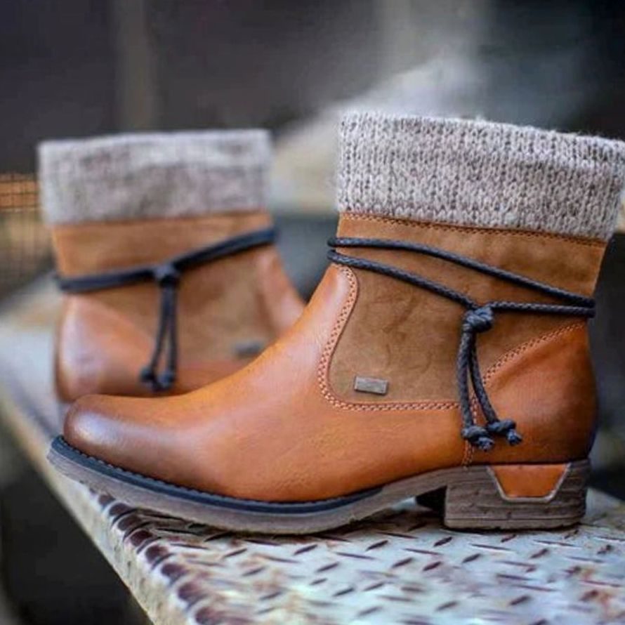 Women's Warm Knit-Cuff Faux Leather Ankle Boots
