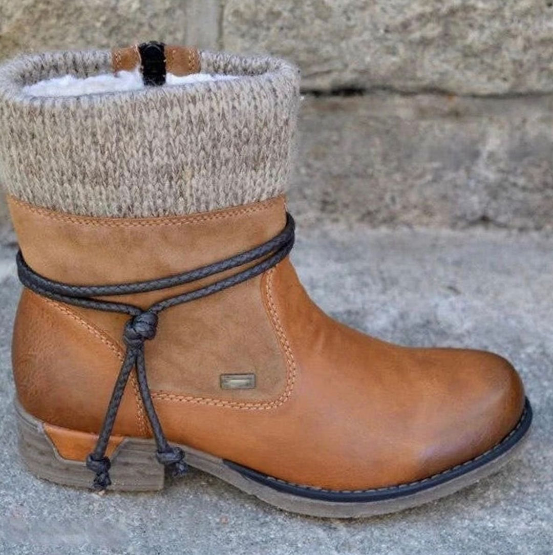 Women's Warm Knit-Cuff Faux Leather Ankle Boots - Brown