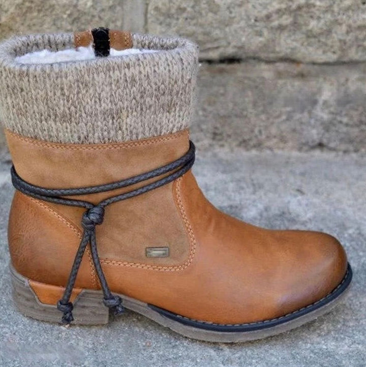 Women's Warm Knit-Cuff Faux Leather Ankle Boots - Brown