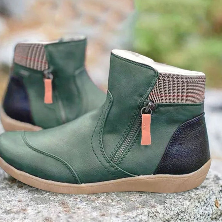 Women's Water-Resistant Leather Side-Zip Flat Ankle Boots - Green