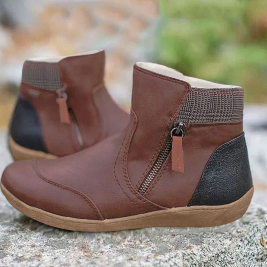 Women's Water-Resistant Leather Side-Zip Flat Ankle Boots - Brown