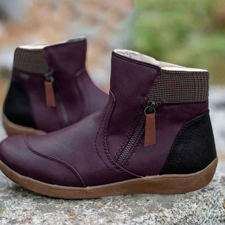 Women's Water-Resistant Leather Side-Zip Flat Ankle Boots - Purple
