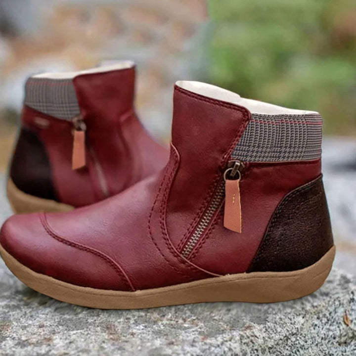 Women's Water-Resistant Leather Side-Zip Flat Ankle Boots - Red