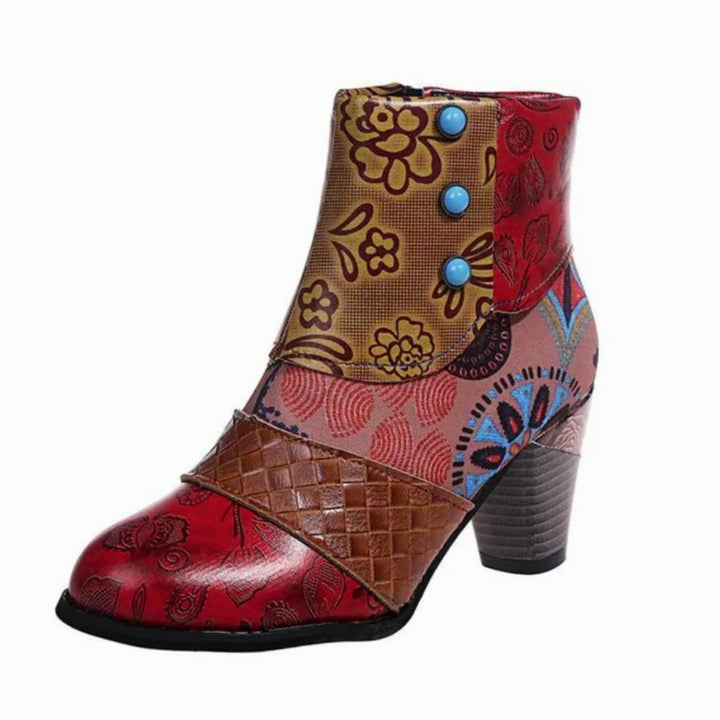 Women's Waterproof Boho Patchwork Block-Heel Ankle Boots