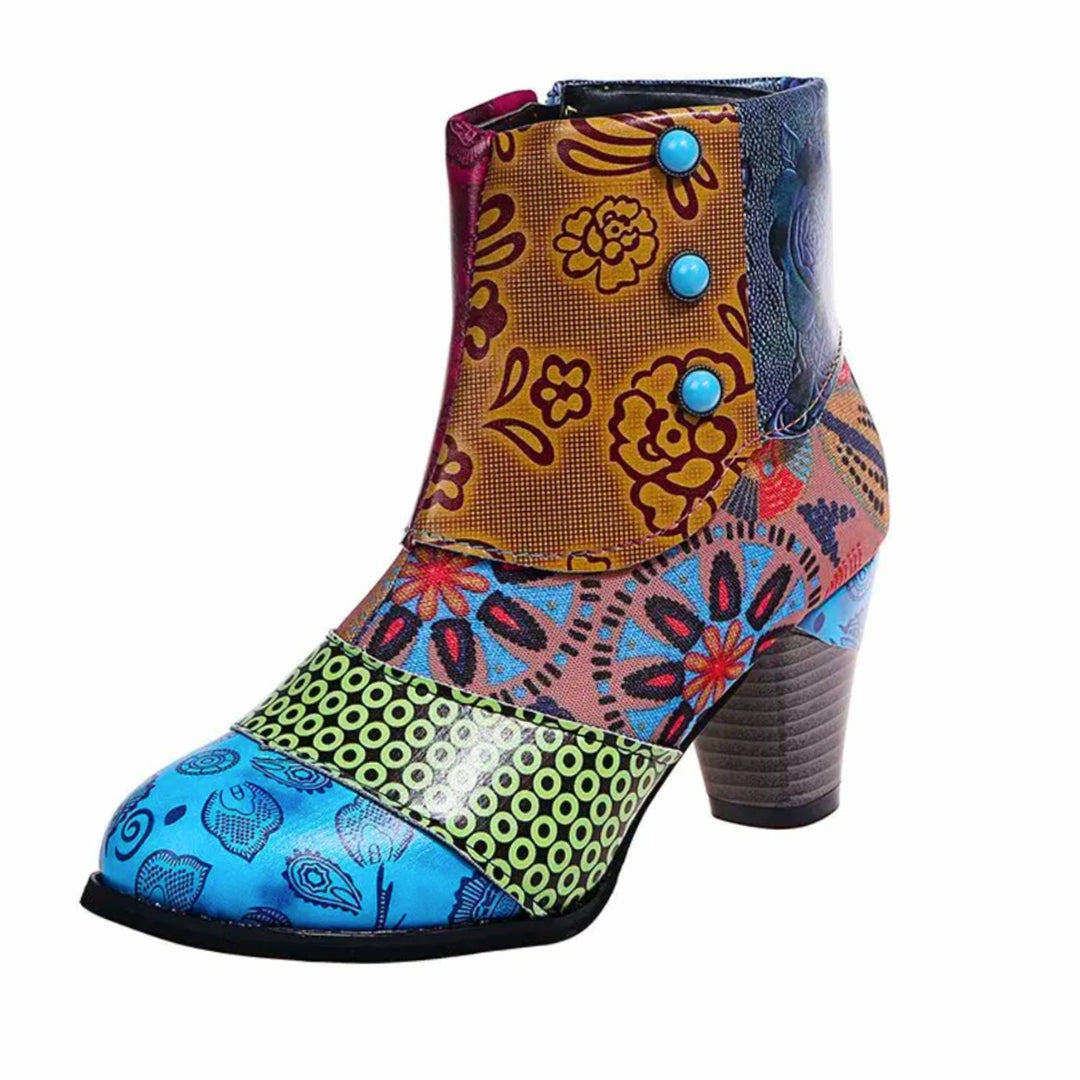 Women's Waterproof Boho Patchwork Block-Heel Ankle Boots