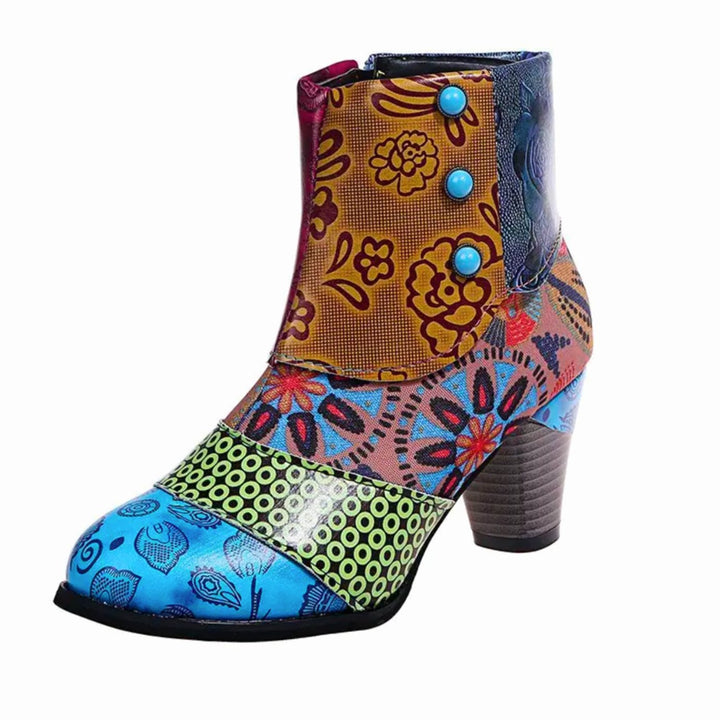 Women's Waterproof Boho Patchwork Block-Heel Ankle Boots