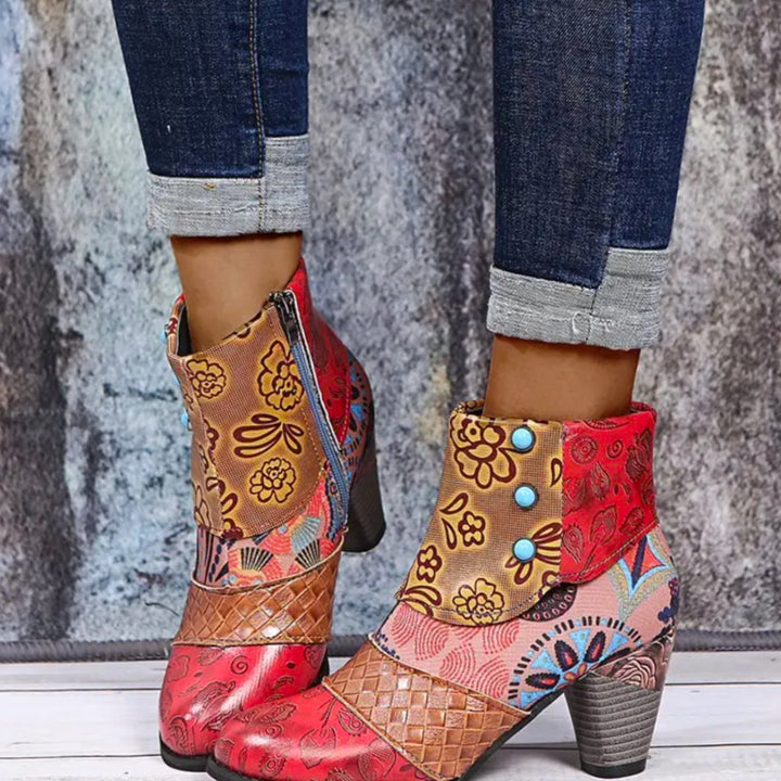 Women's Waterproof Boho Patchwork Block-Heel Ankle Boots - Red