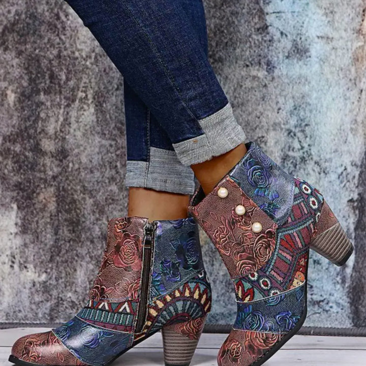 Women's Waterproof Boho Patchwork Block-Heel Ankle Boots - Grey