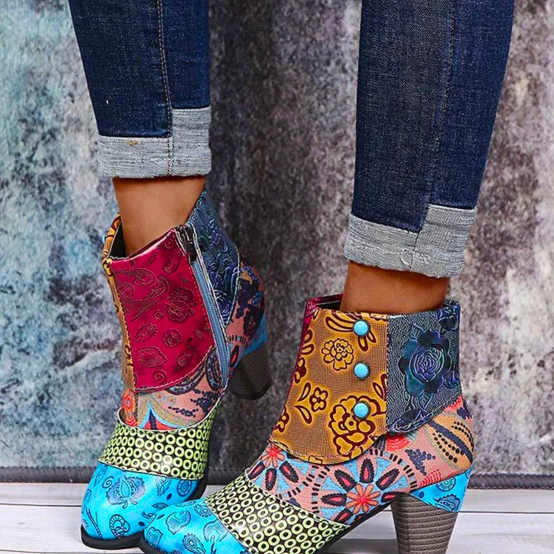 Women's Waterproof Boho Patchwork Block-Heel Ankle Boots - Blue