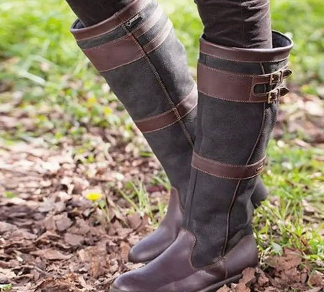 Women's Waterproof Buckle-Strap Knee-High Leather Boots - Coffee