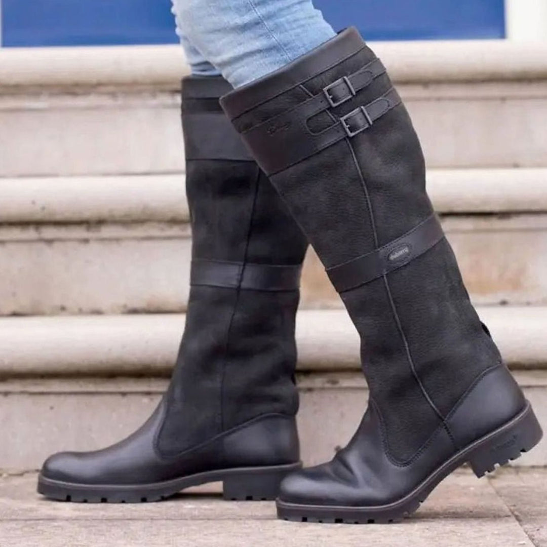 Women's Waterproof Buckle-Strap Knee-High Leather Boots - Black