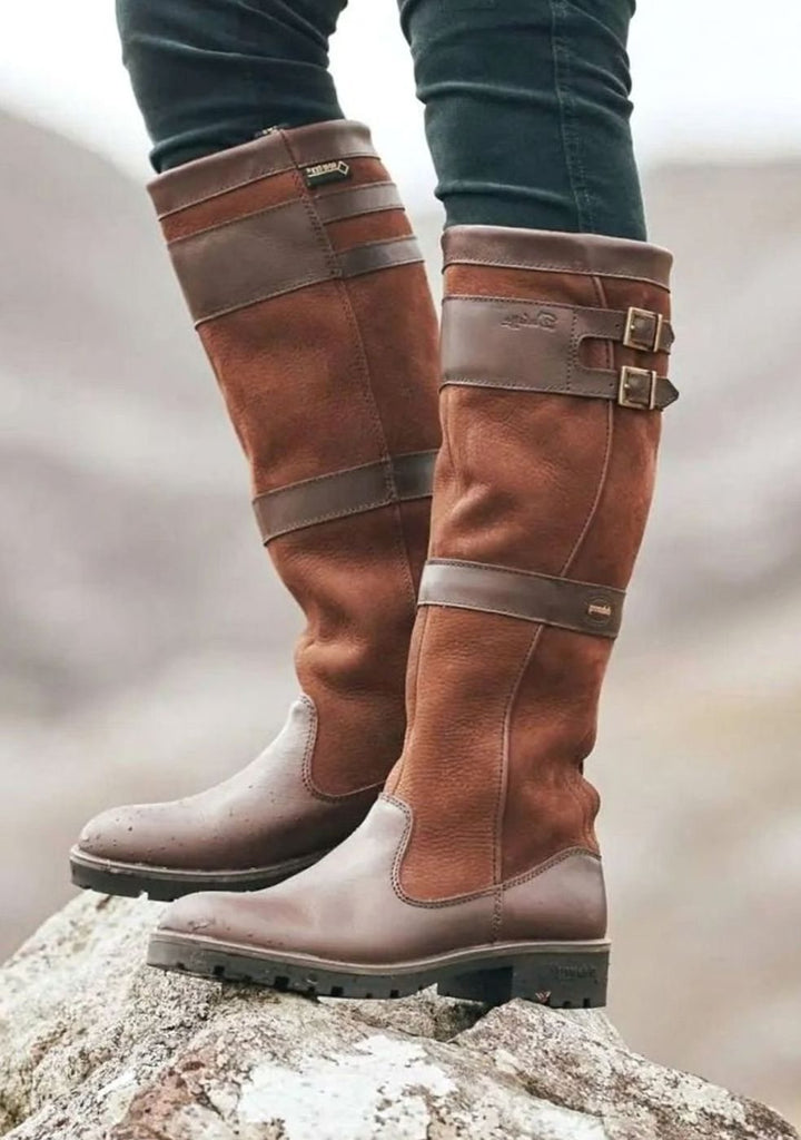 Women's Waterproof Buckle-Strap Knee-High Leather Boots - Brown