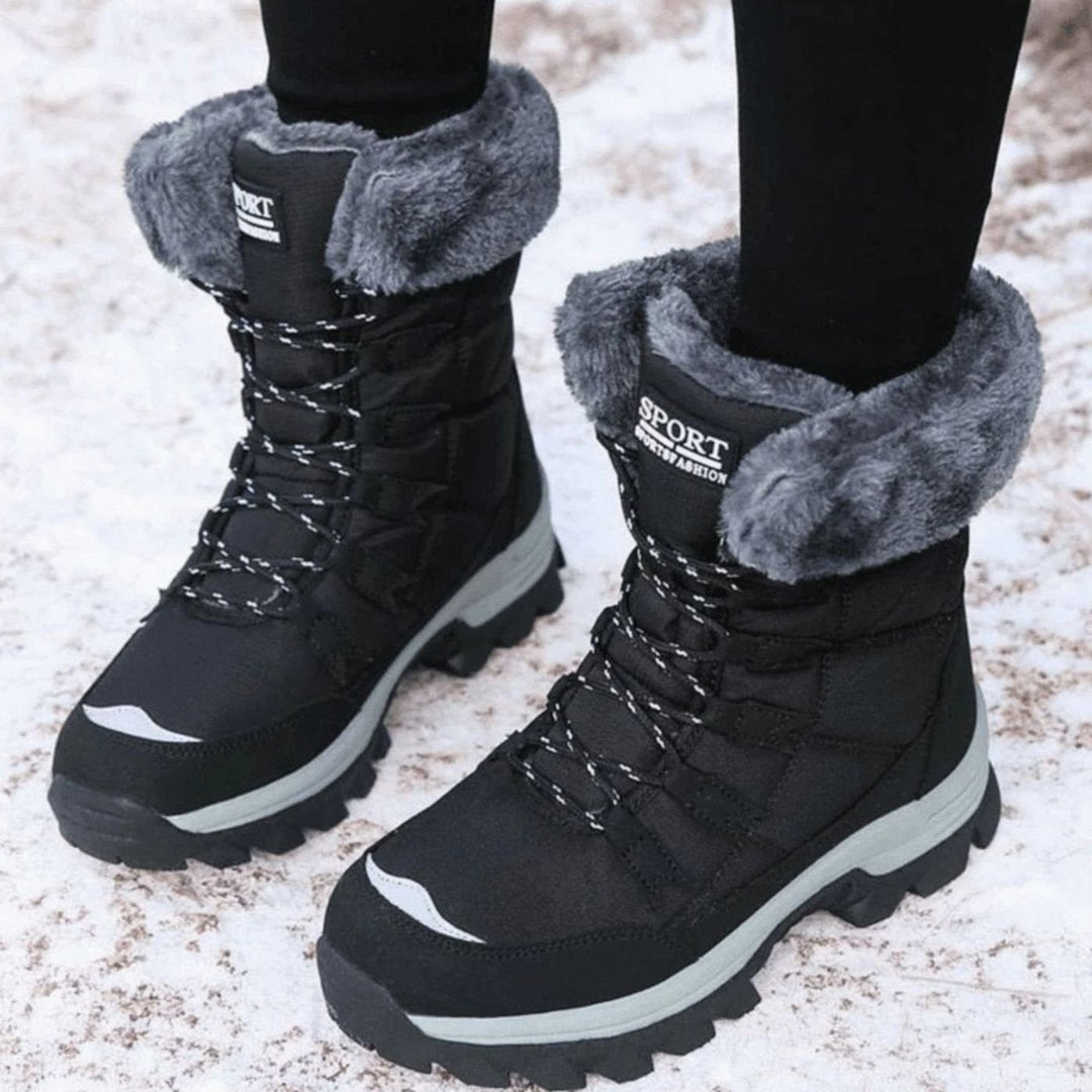 Women's Waterproof Faux-Fur Lined Lace-Up Snow Boots - Black