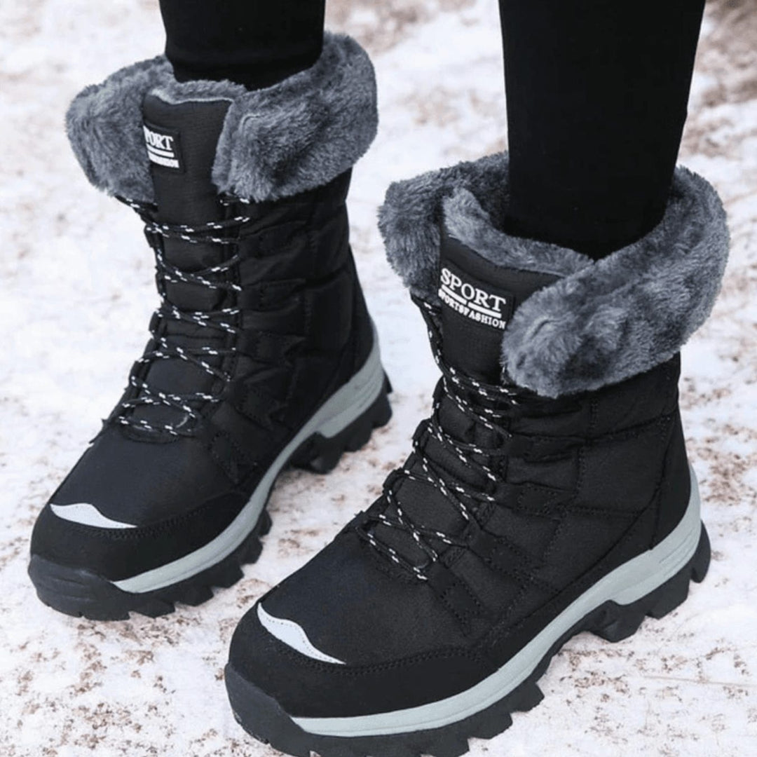 Women's Waterproof Faux-Fur Lined Lace-Up Snow Boots, Beige - Black