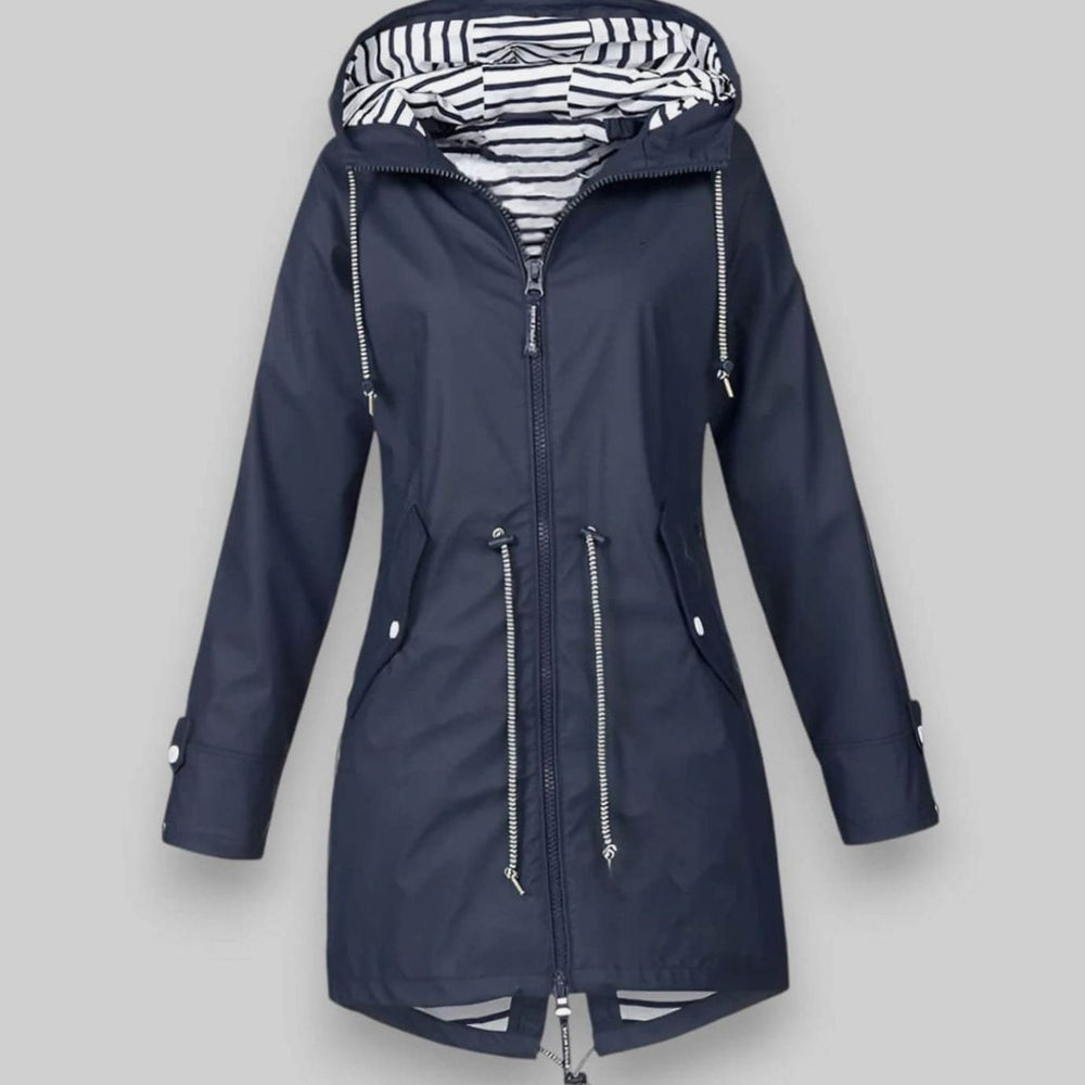 Women's Waterproof Hooded Drawstring Raincoat Long Jacket - Dark Blue