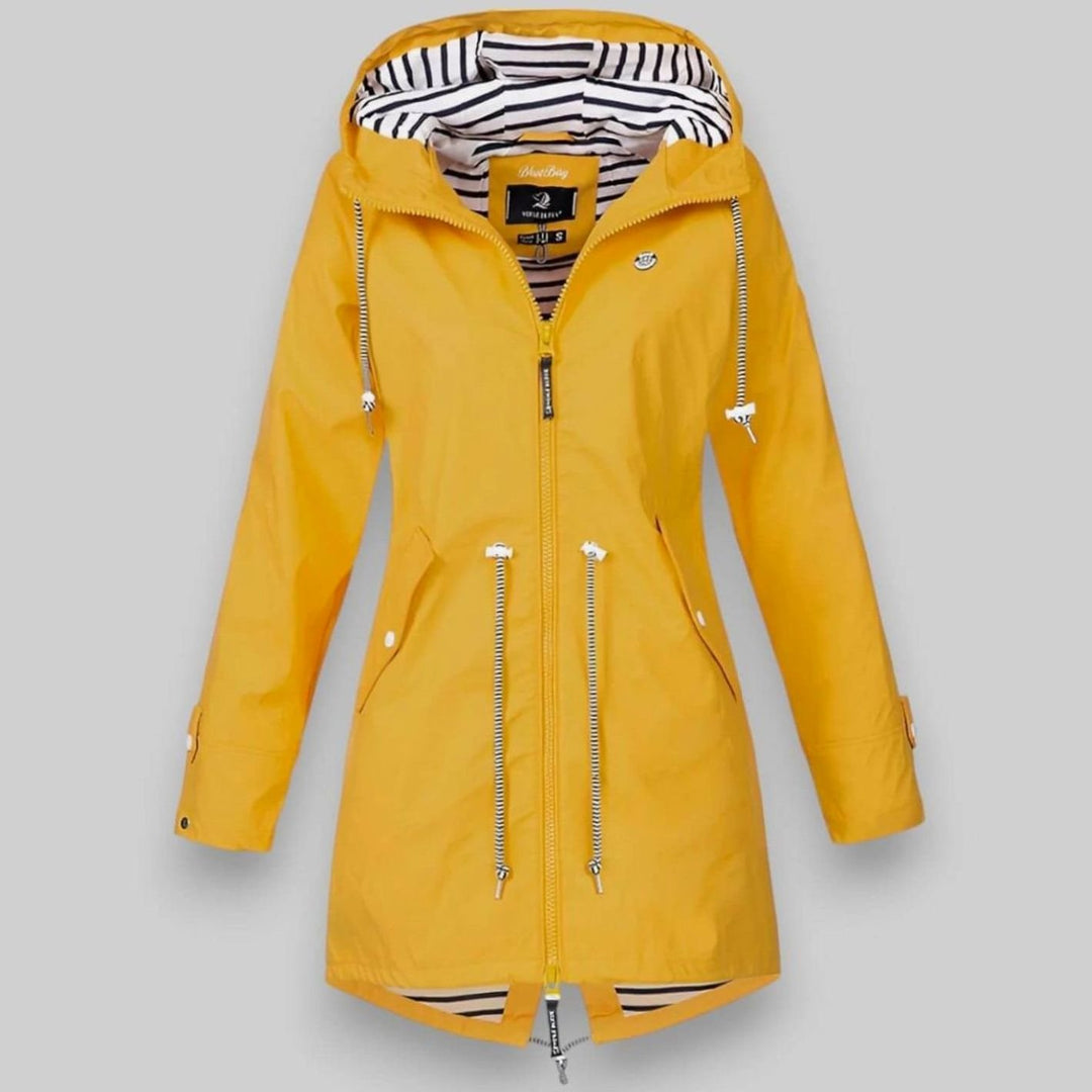 Women's Waterproof Hooded Drawstring Raincoat Long Jacket - Yellow