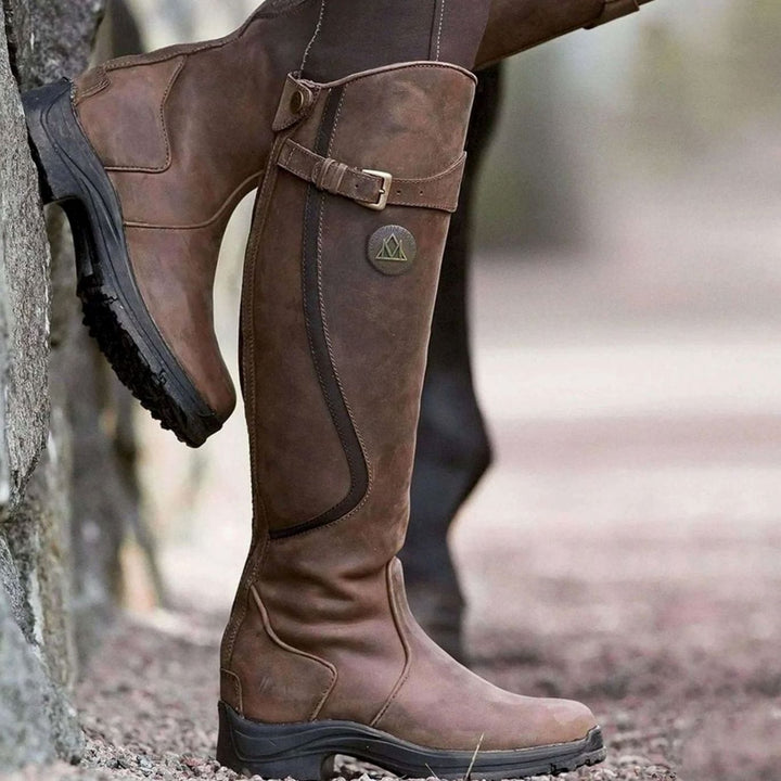 Women's Waterproof Knee-High Leather Riding Boots Buckle Detail
