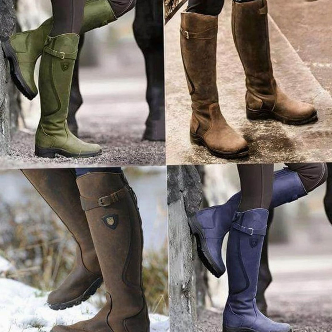 Women's Waterproof Knee-High Leather Riding Boots Buckle Detail