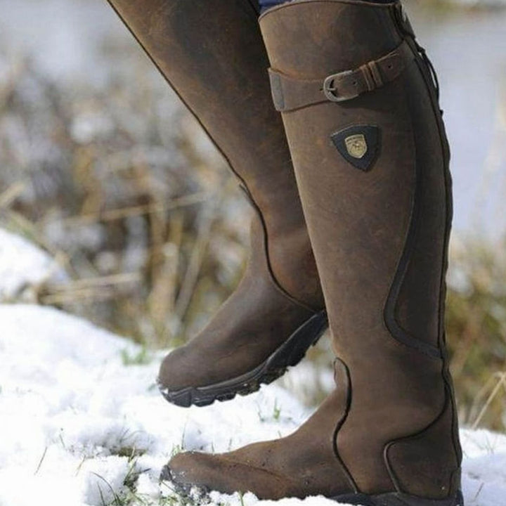 Women's Waterproof Knee-High Leather Riding Boots Buckle Detail