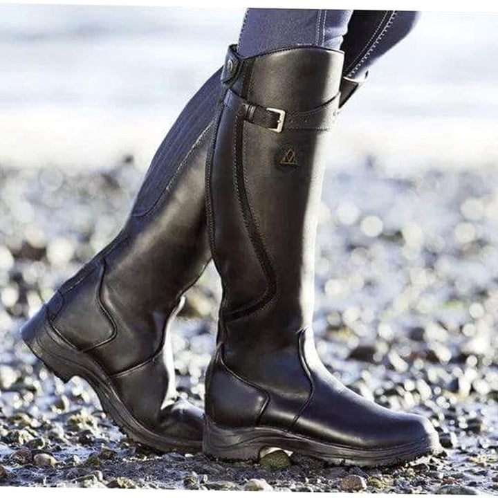 Women's Waterproof Knee-High Leather Riding Boots Buckle Detail