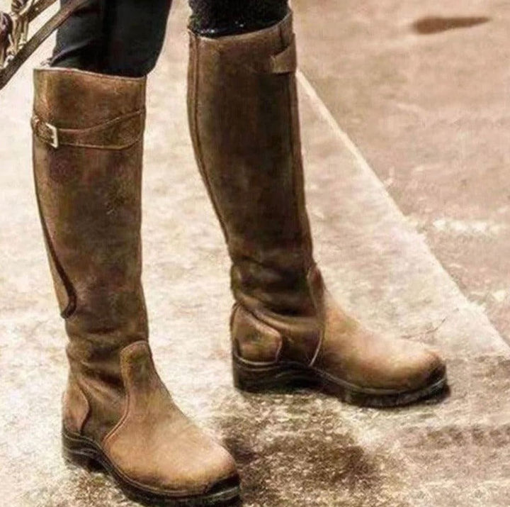 Women's Waterproof Knee-High Leather Riding Boots Buckle Detail