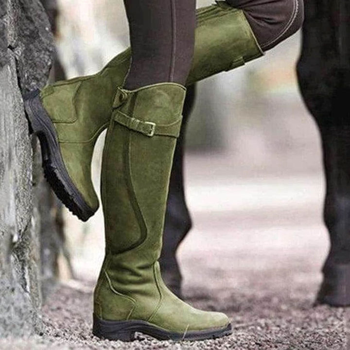 Women's Waterproof Knee-High Leather Riding Boots Buckle Detail