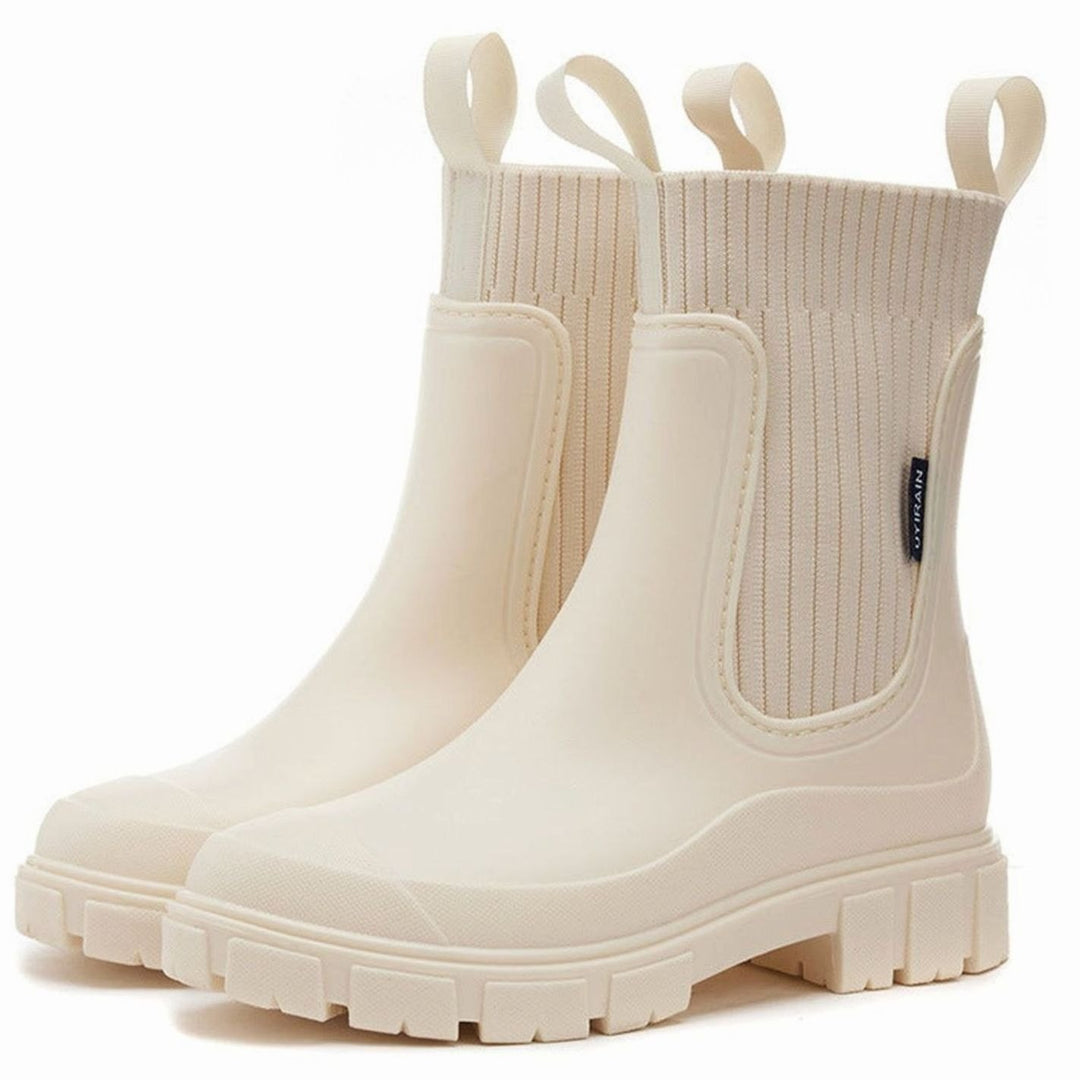 Women's Waterproof Knit-Collar Chunky-Sole Chelsea Rain Boots - Beige