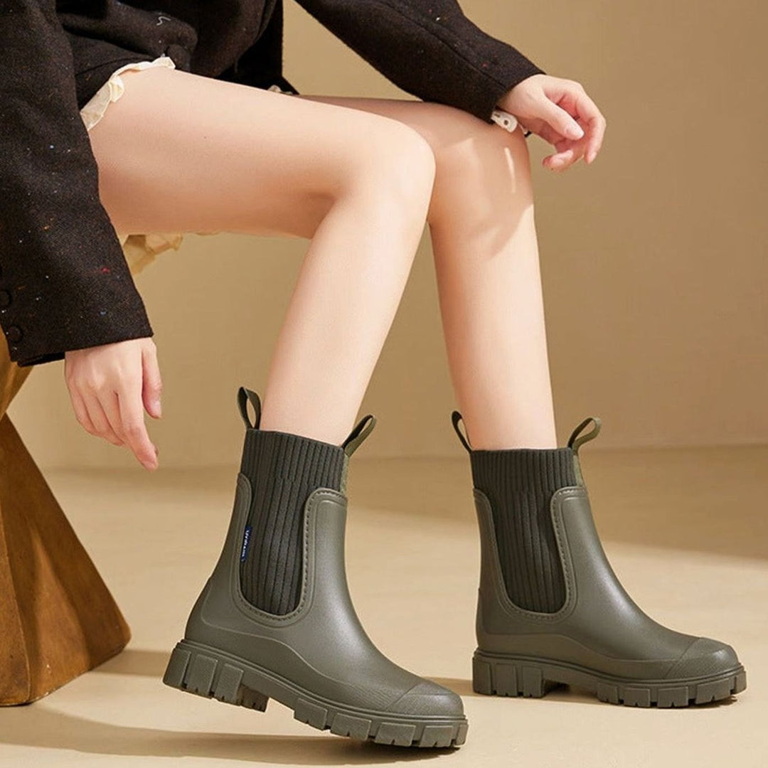 Women's Waterproof Knit-Collar Chunky-Sole Chelsea Rain Boots