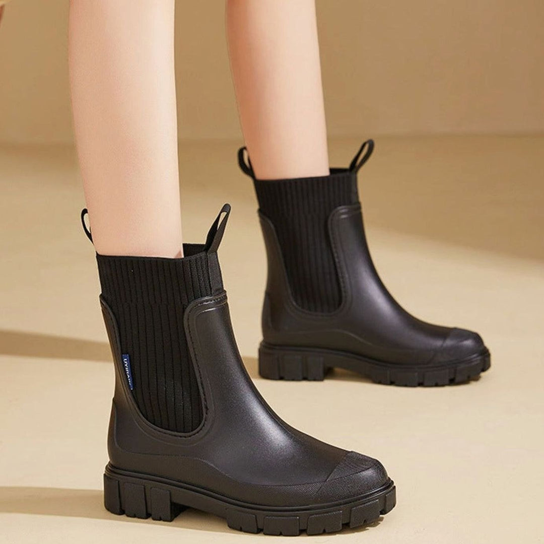 Women's Waterproof Knit-Collar Chunky-Sole Chelsea Rain Boots