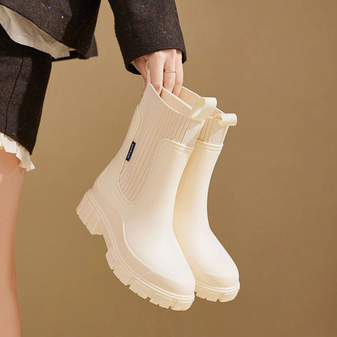 Women's Waterproof Knit-Collar Chunky-Sole Chelsea Rain Boots