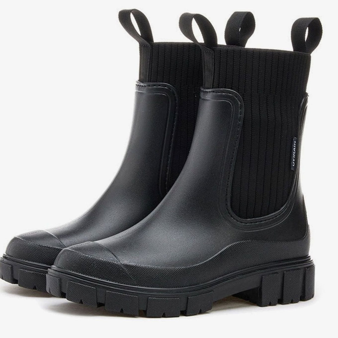 Women's Waterproof Knit-Collar Chunky-Sole Chelsea Rain Boots - Black