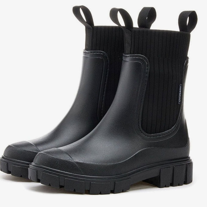 Women's Waterproof Knit-Collar Chunky-Sole Chelsea Rain Boots - Black