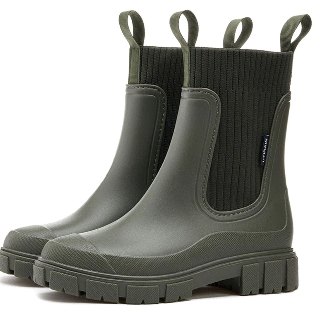 Women's Waterproof Knit-Collar Chunky-Sole Chelsea Rain Boots - Green