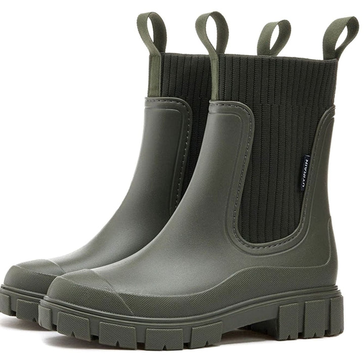 Women's Waterproof Knit-Collar Chunky-Sole Chelsea Rain Boots - Green