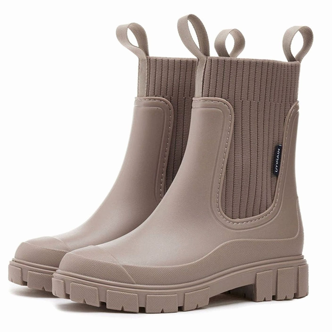 Women's Waterproof Knit-Collar Chunky-Sole Chelsea Rain Boots - Khaki